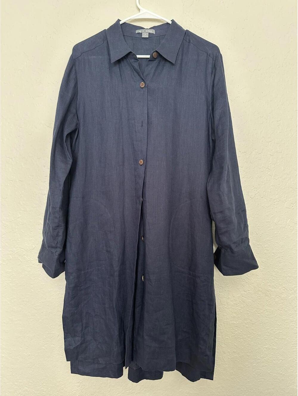 GO SILK Navy Blue Linen Long Sleeve Button-Down Shirt Dress Knee Length Medium